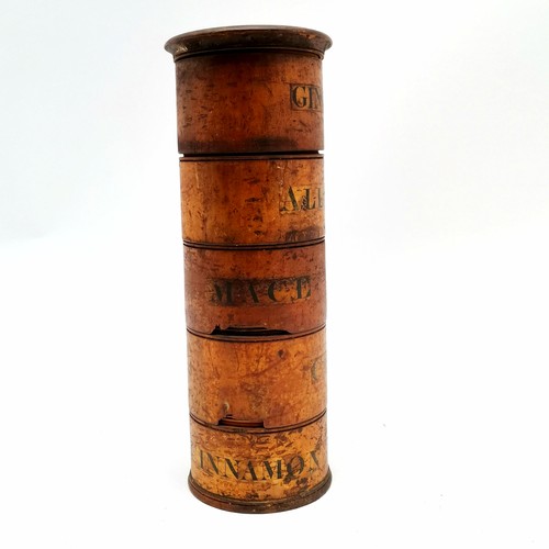 242 - Antique Georgian sycamore wooden spice tower with 5 sections (Ginger, allspice, mace, clove & cinnam... 