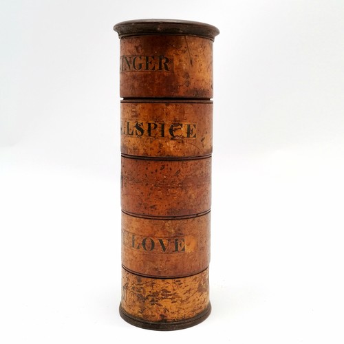 242 - Antique Georgian sycamore wooden spice tower with 5 sections (Ginger, allspice, mace, clove & cinnam... 
