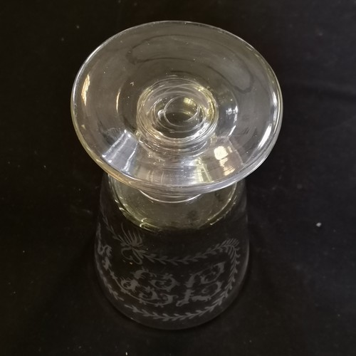 245 - Large antique glass rummer with hand etched detail of wheat / hop leaf & initials and has bladed kno... 