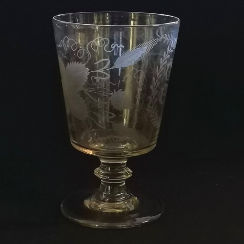 245 - Large antique glass rummer with hand etched detail of wheat / hop leaf & initials and has bladed kno... 