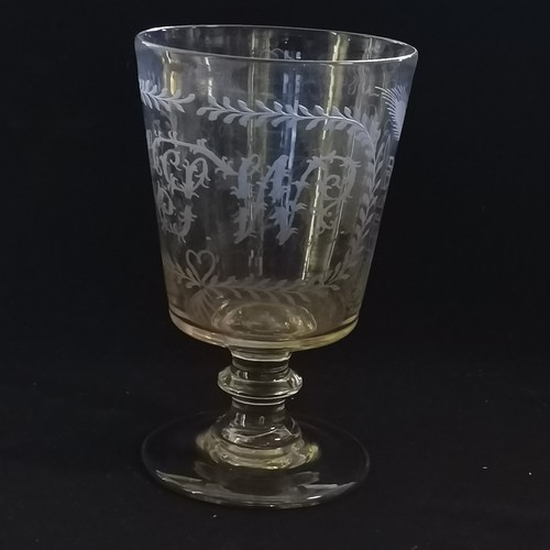 245 - Large antique glass rummer with hand etched detail of wheat / hop leaf & initials and has bladed kno... 