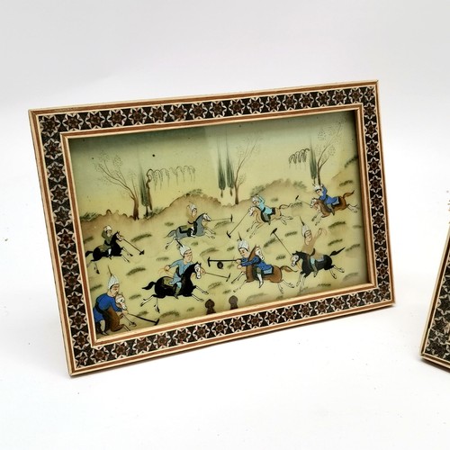 252 - 2 x hand painted Islamic pictures depicting polo & hunting in Persian Khātam frames - largest 23cm x... 