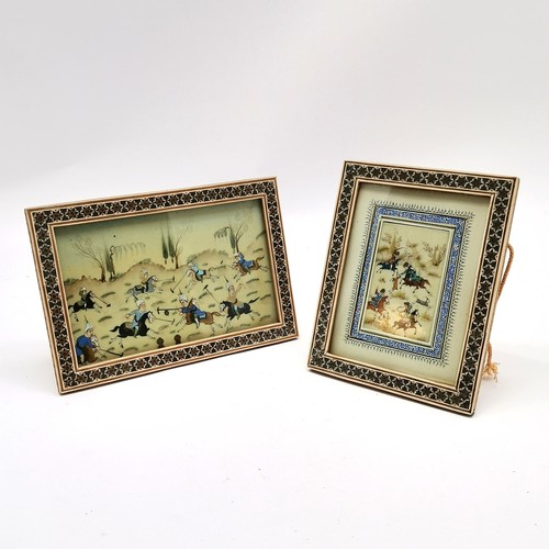 252 - 2 x hand painted Islamic pictures depicting polo & hunting in Persian Khātam frames - largest 23cm x... 