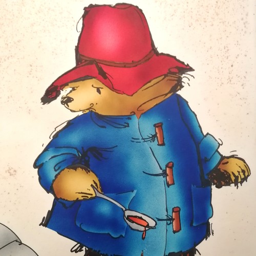 42 - Fontana paperbacks original book art of Paddington with spoon & suitcase - mount 40cm x 34.5cm & has... 