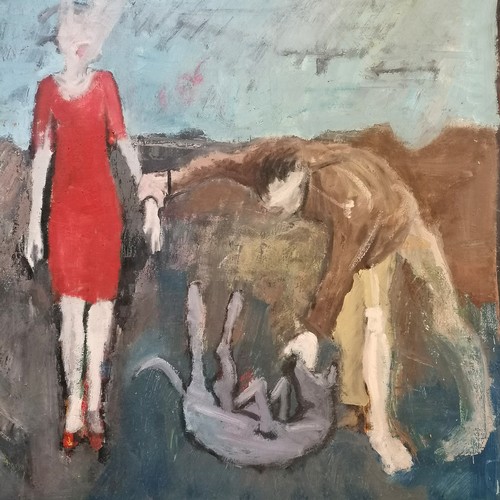 1 - Peter David Fried contemporary oil on canvas - Woman and Dog exhibited Liverpool Exhibition 1982 unf... 