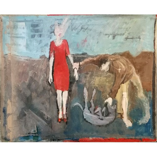 1 - Peter David Fried contemporary oil on canvas - Woman and Dog exhibited Liverpool Exhibition 1982 unf... 
