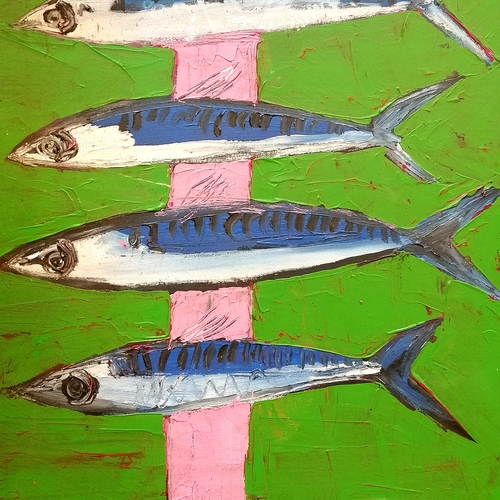 2 - Contemporary oil painting on canvas of 4 mackerel on a green & pink background - 77cm x 61cm