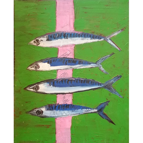2 - Contemporary oil painting on canvas of 4 mackerel on a green & pink background - 77cm x 61cm