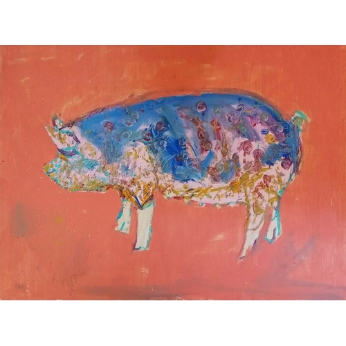 3 - Large contemporary oil painting on panel of a colourful pig - 92cm x 122cm
