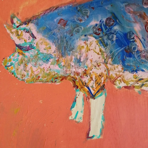 3 - Large contemporary oil painting on panel of a colourful pig - 92cm x 122cm
