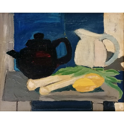 4 - Mid century Swedish style oil painting on canvas of a teapot, jug, leeks and lemons unsigned frame 6... 