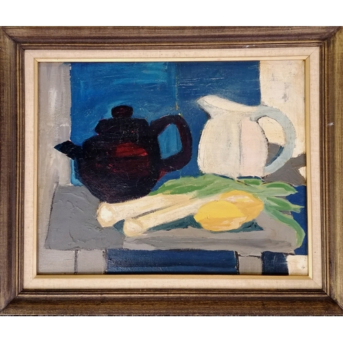 4 - Mid century Swedish style oil painting on canvas of a teapot, jug, leeks and lemons unsigned frame 6... 