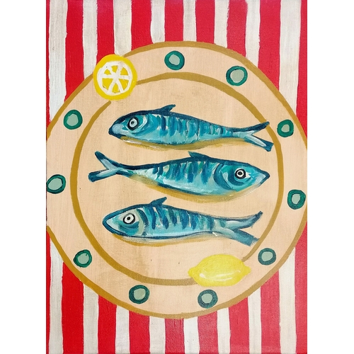 6 - Terence Robert Wood oil painting of 3 mackerel on a plate with red & white stripe - 60cm x 45cm.