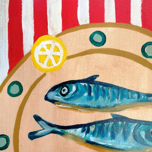 6 - Terence Robert Wood oil painting of 3 mackerel on a plate with red & white stripe - 60cm x 45cm.