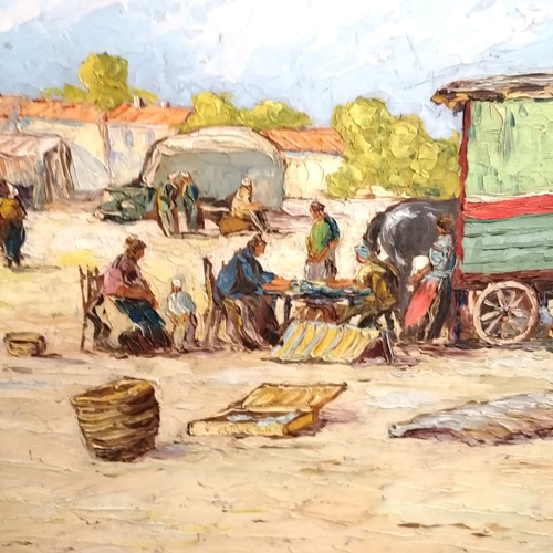 7 - Giovani signed 1940 dated large palette knife oil on board of a gypsy encampment - original continen... 