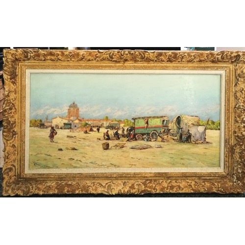 7 - Giovani signed 1940 dated large palette knife oil on board of a gypsy encampment - original continen... 