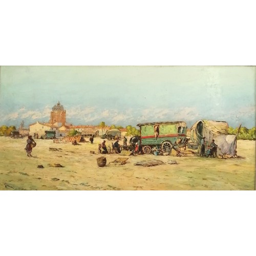 7 - Giovani signed 1940 dated large palette knife oil on board of a gypsy encampment - original continen... 