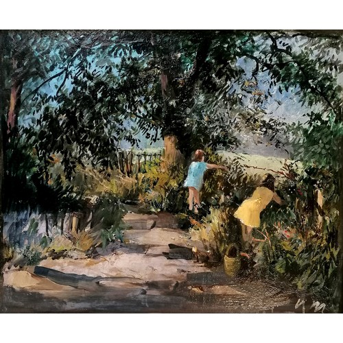 8 - Oil on board of children blackberry picking initialled V.M - framed 73cm x 63cm