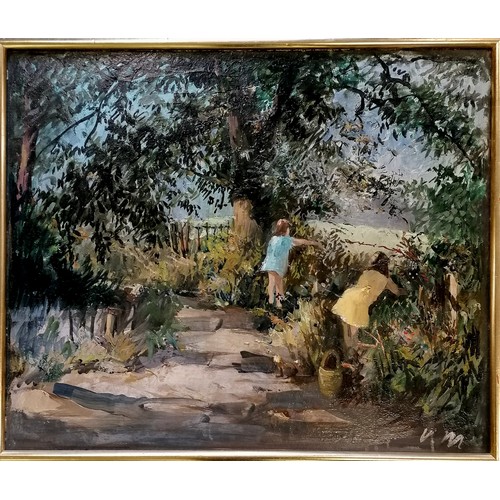 8 - Oil on board of children blackberry picking initialled V.M - framed 73cm x 63cm