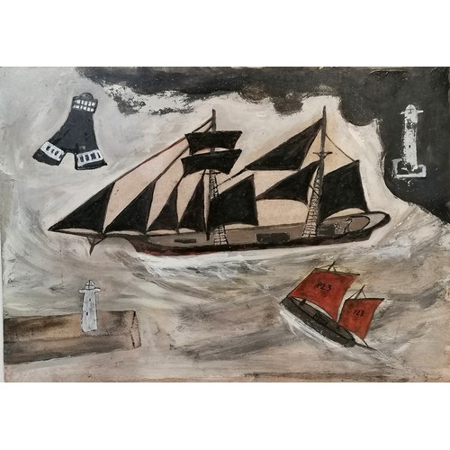 10 - Wallis style Oil on board of ships at sea with a lighthouse - framed 48cm x 39cm