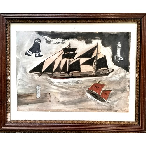 10 - Wallis style Oil on board of ships at sea with a lighthouse - framed 48cm x 39cm