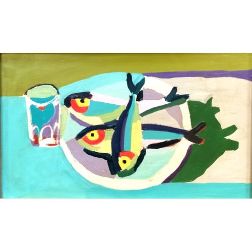 11 - Terence Robert Wood contemporary oil on board - 3 mackerel on a plate with glass - framed 78cm x 53c... 
