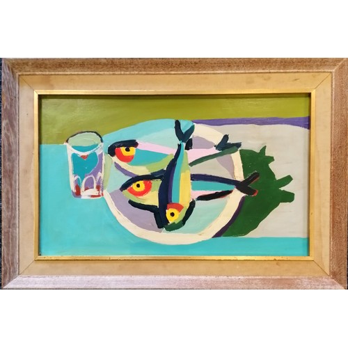 11 - Terence Robert Wood contemporary oil on board - 3 mackerel on a plate with glass - framed 78cm x 53c... 
