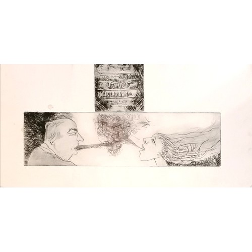 13 - Engraving of man & woman blowing smoke at each other - 49.5cm x 24.5cm ~ has a couple of marks