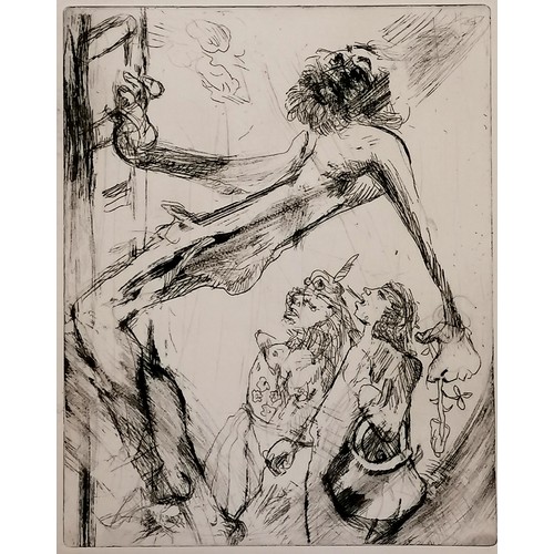 15 - Engraving of nude man climbing ladder with 2 onlookers signed Shirley - 56.5cm x 38cm