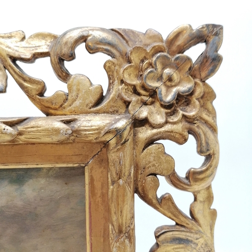 22 - Antique oil painting on panel of a pastoral scene inc cattle, boat etc in a florentine style frame -... 