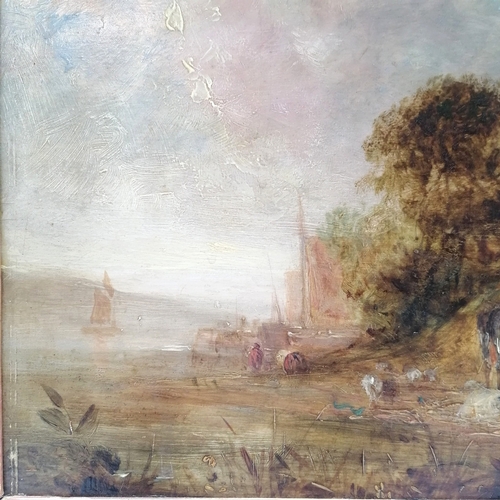 22 - Antique oil painting on panel of a pastoral scene inc cattle, boat etc in a florentine style frame -... 