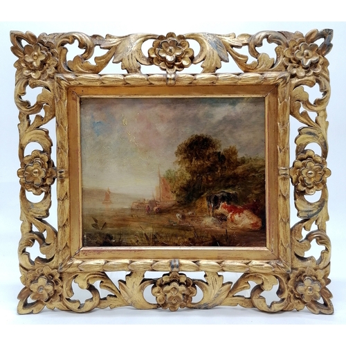 22 - Antique oil painting on panel of a pastoral scene inc cattle, boat etc in a florentine style frame -... 