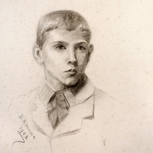 24 - 2 x 1903 charcoal portraits of young boys signed D Atkinson - largest mount 58cm x 68.5cm. Signs of ... 