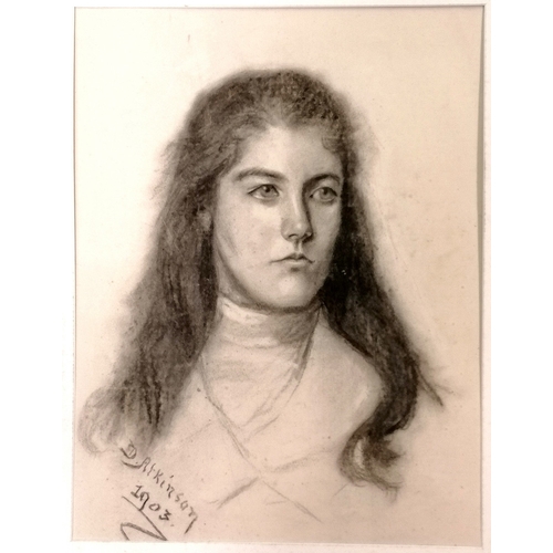 25 - 1903 charcoal portrait of young lady signed D Atkinson - mount 68.5cm x 57cm. Signs of wear.