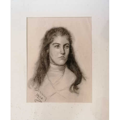 25 - 1903 charcoal portrait of young lady signed D Atkinson - mount 68.5cm x 57cm. Signs of wear.
