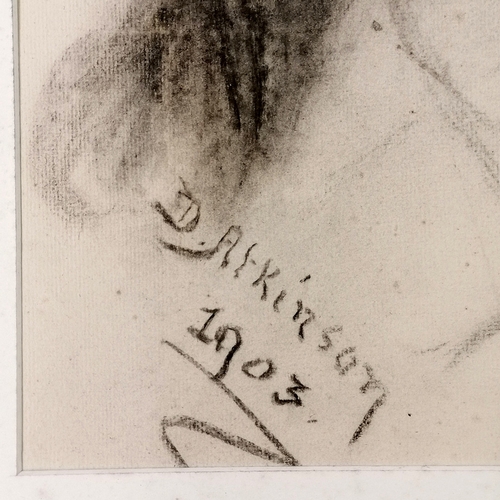 25 - 1903 charcoal portrait of young lady signed D Atkinson - mount 68.5cm x 57cm. Signs of wear.