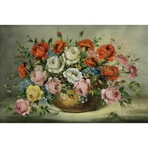 26 - Large Mid century oil painting on canvas of a vase of roses signed Martell in a scumbled wooden fram... 