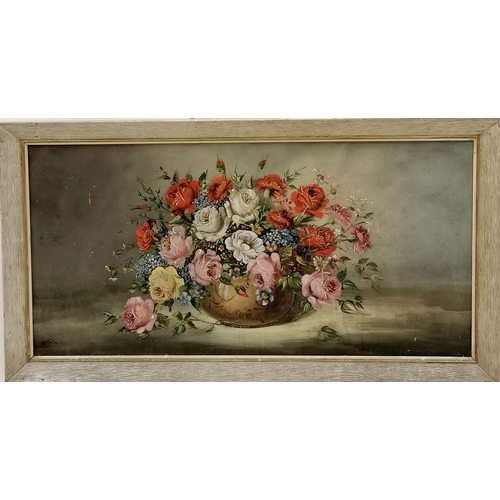 26 - Large Mid century oil painting on canvas of a vase of roses signed Martell in a scumbled wooden fram... 