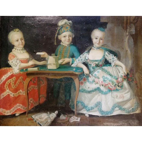 42 - Large antique Victorian oil on canvas painting after François-Hubert Drouais (1727-75) of 3 children... 