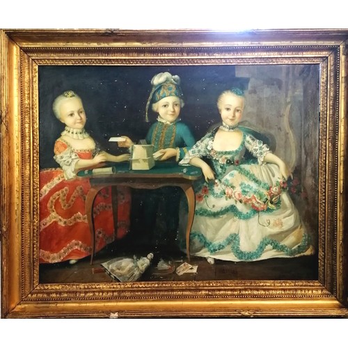 42 - Large antique Victorian oil on canvas painting after François-Hubert Drouais (1727-75) of 3 children... 