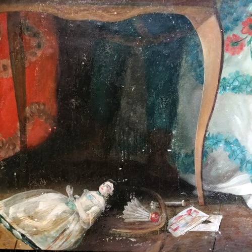 42 - Large antique Victorian oil on canvas painting after François-Hubert Drouais (1727-75) of 3 children... 