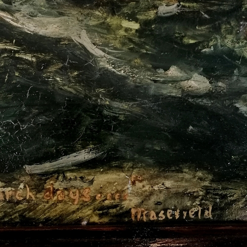 44 - Oil painting of a steamship titled 'Butting thro the channel in the Mad March Days' frame 63cm x 63c... 