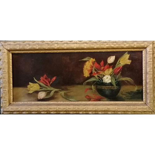 45 - Unsigned oil painting on canvas of a vase of tulips frame 73cm x 36cm.