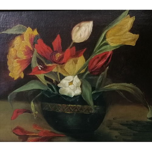 45 - Unsigned oil painting on canvas of a vase of tulips frame 73cm x 36cm.