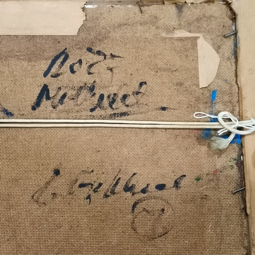 47 - Mid century abstract oil painting signed with annotation to reverse - frame 54cm x 87cm.