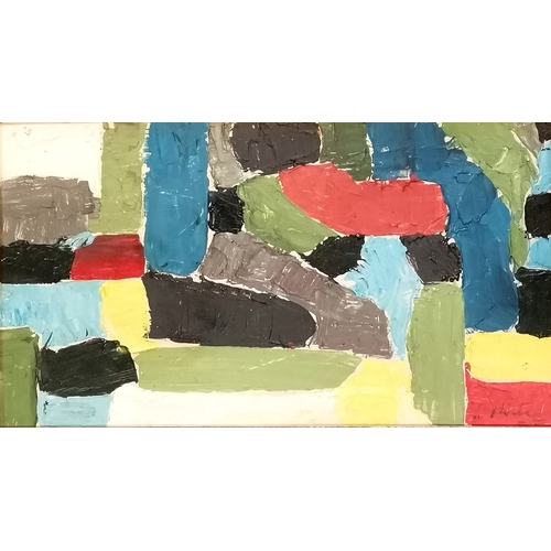 47 - Mid century abstract oil painting signed with annotation to reverse - frame 54cm x 87cm.
