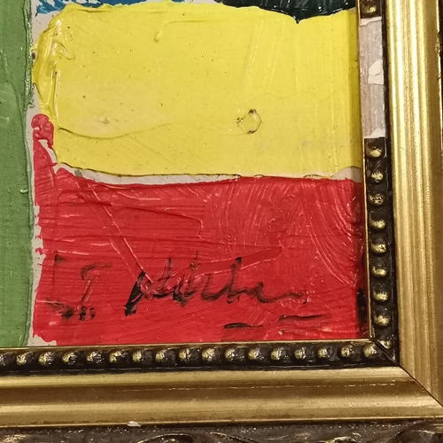 47 - Mid century abstract oil painting signed with annotation to reverse - frame 54cm x 87cm.