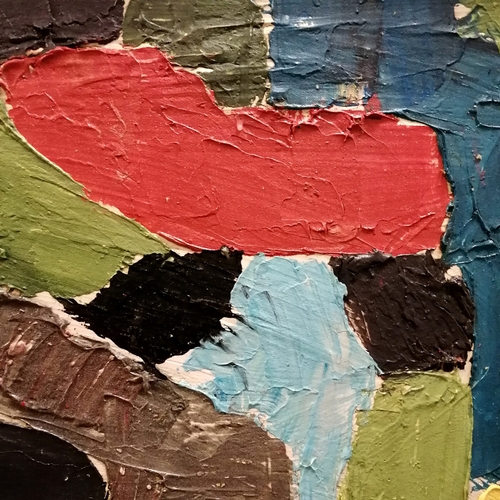 47 - Mid century abstract oil painting signed with annotation to reverse - frame 54cm x 87cm.