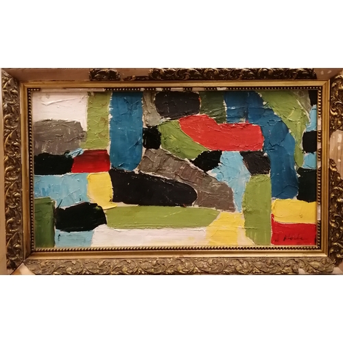 47 - Mid century abstract oil painting signed with annotation to reverse - frame 54cm x 87cm.