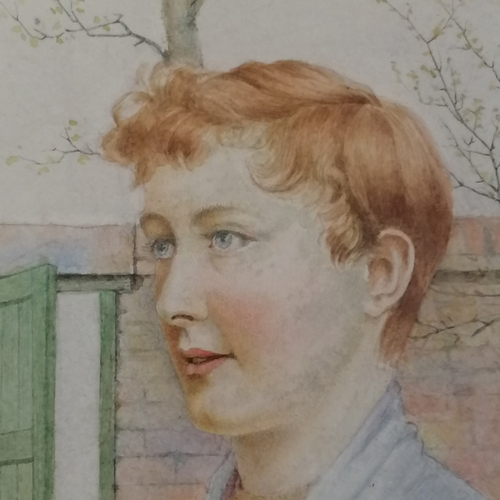 48 - Harold Hughes watercolour painting of a girl by a garden wall - frame 28cm x 26cm.